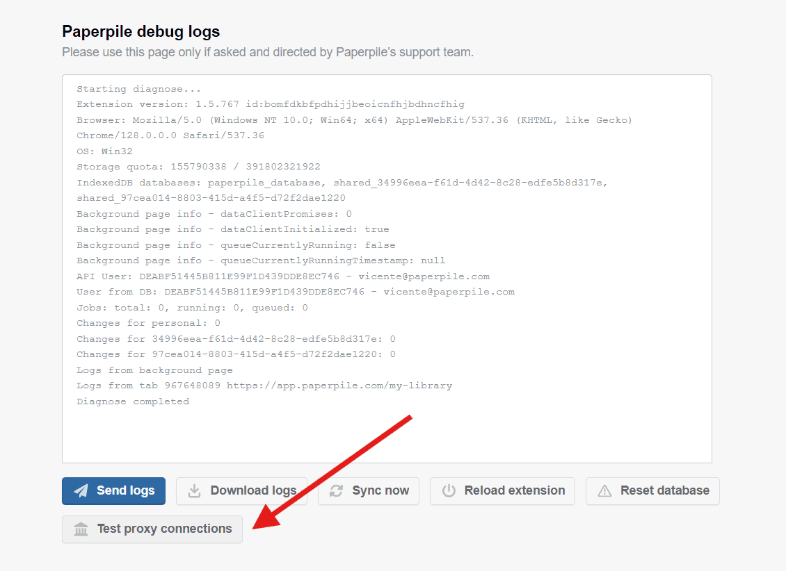 The Paperpile debug logs page showing a diagnostic dump of extension, browser and database details, with a red arrow pointing to the “Test proxy connections” button beside Send logs, Download logs, Sync now and Reset database.